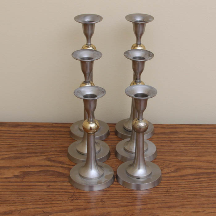 Set of Six Silver Tone Candlesticks