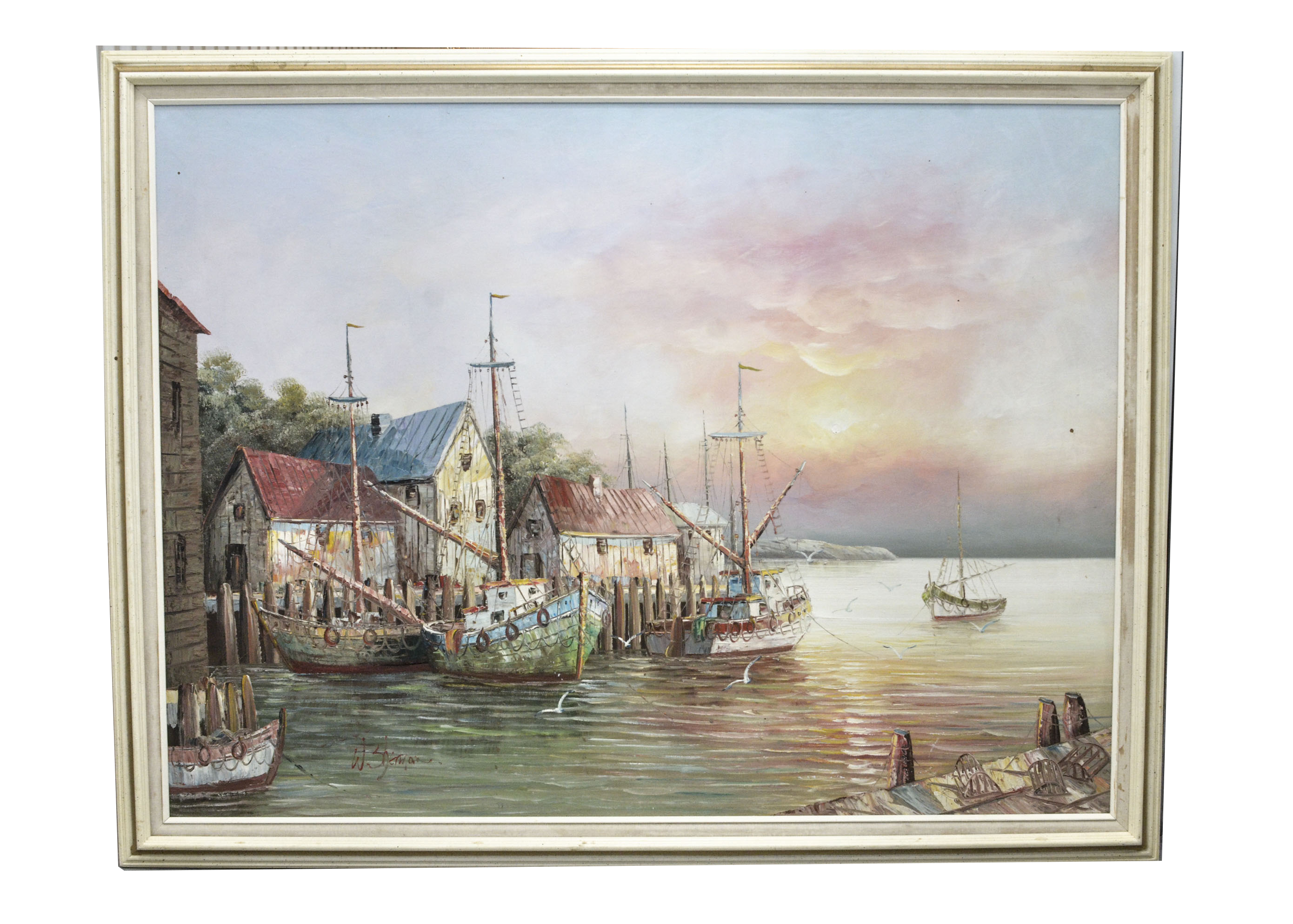 Original Impressionist Style Painting of Harbor by W. Sherman