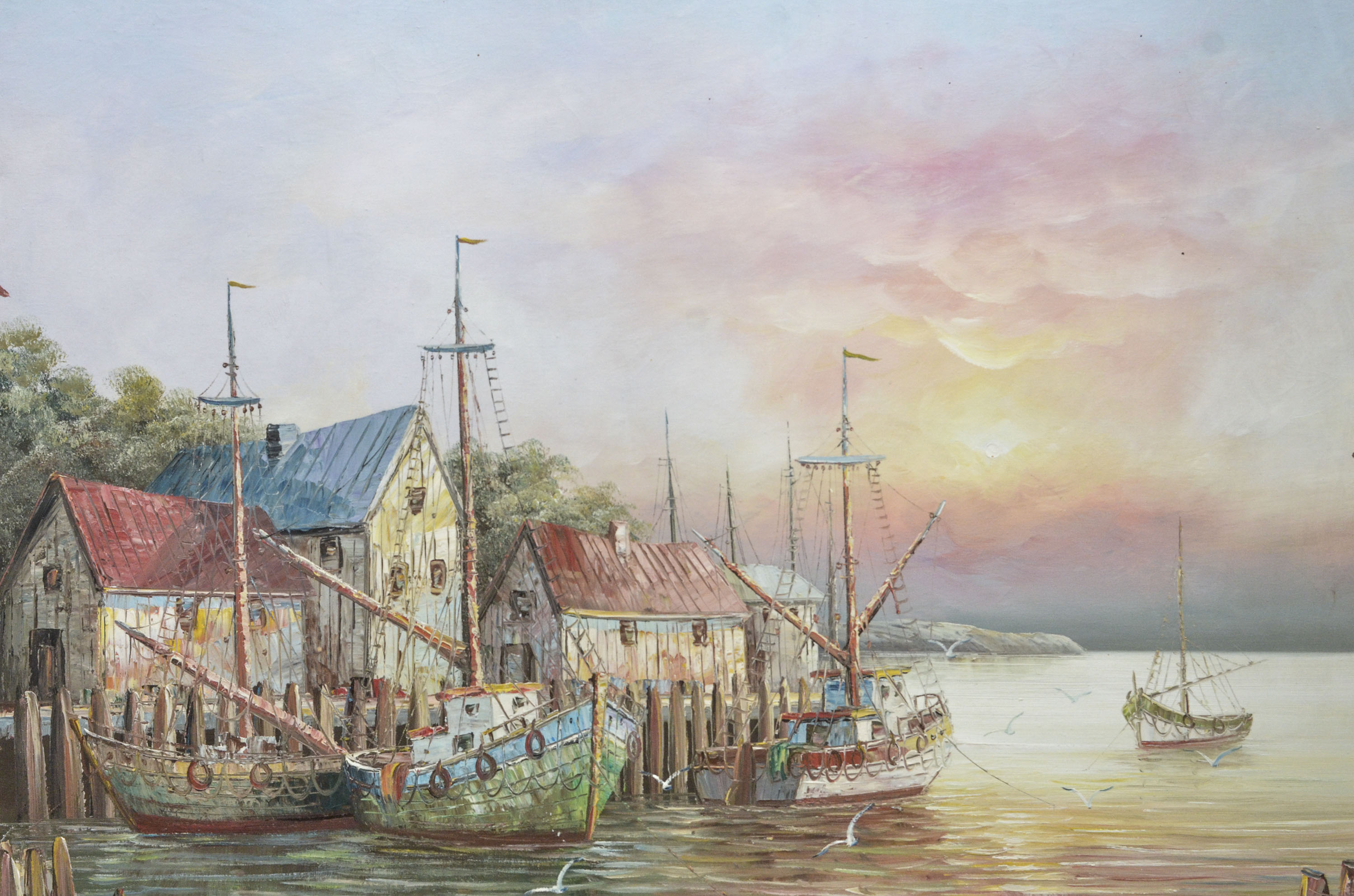 Original Impressionist Style Painting of Harbor by W. Sherman