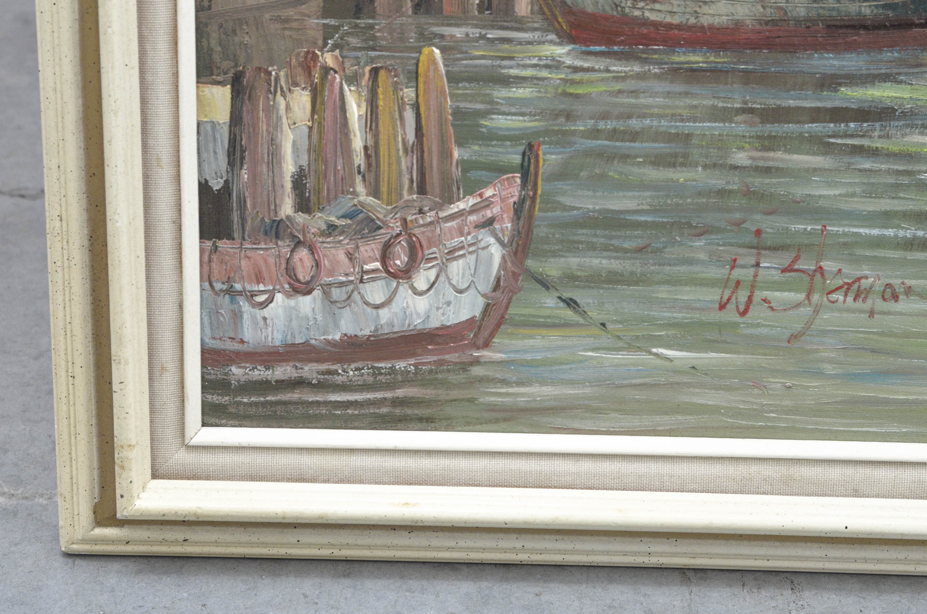 Original Impressionist Style Painting of Harbor by W. Sherman