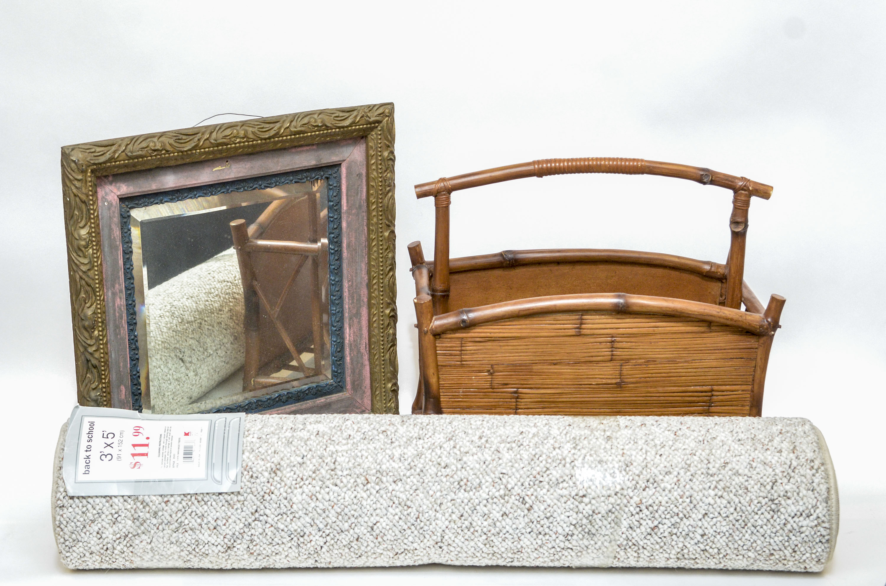 Cane Magazine Rack, Vintage Beveled Mirror and Area Rug