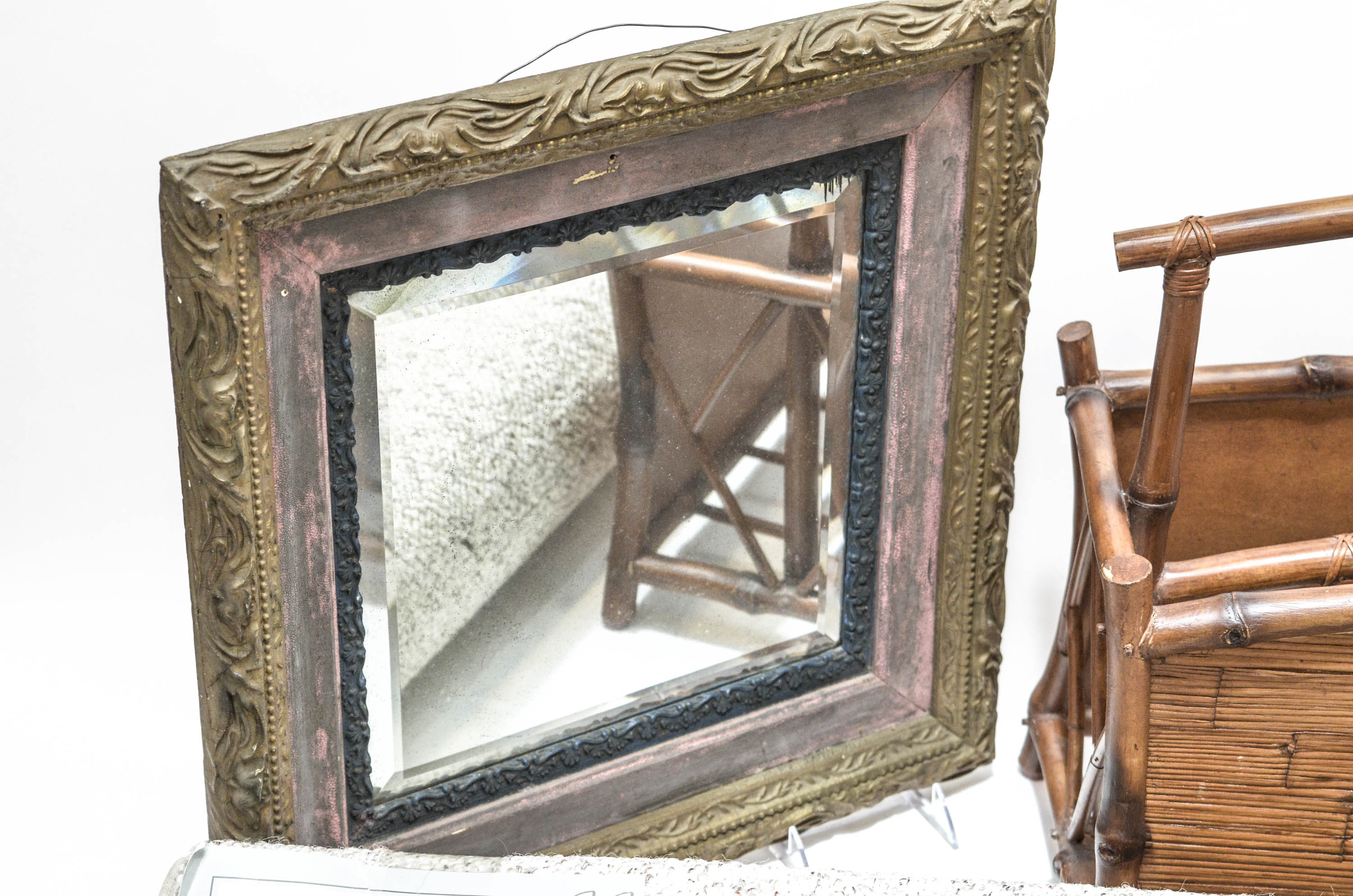 Cane Magazine Rack, Vintage Beveled Mirror and Area Rug