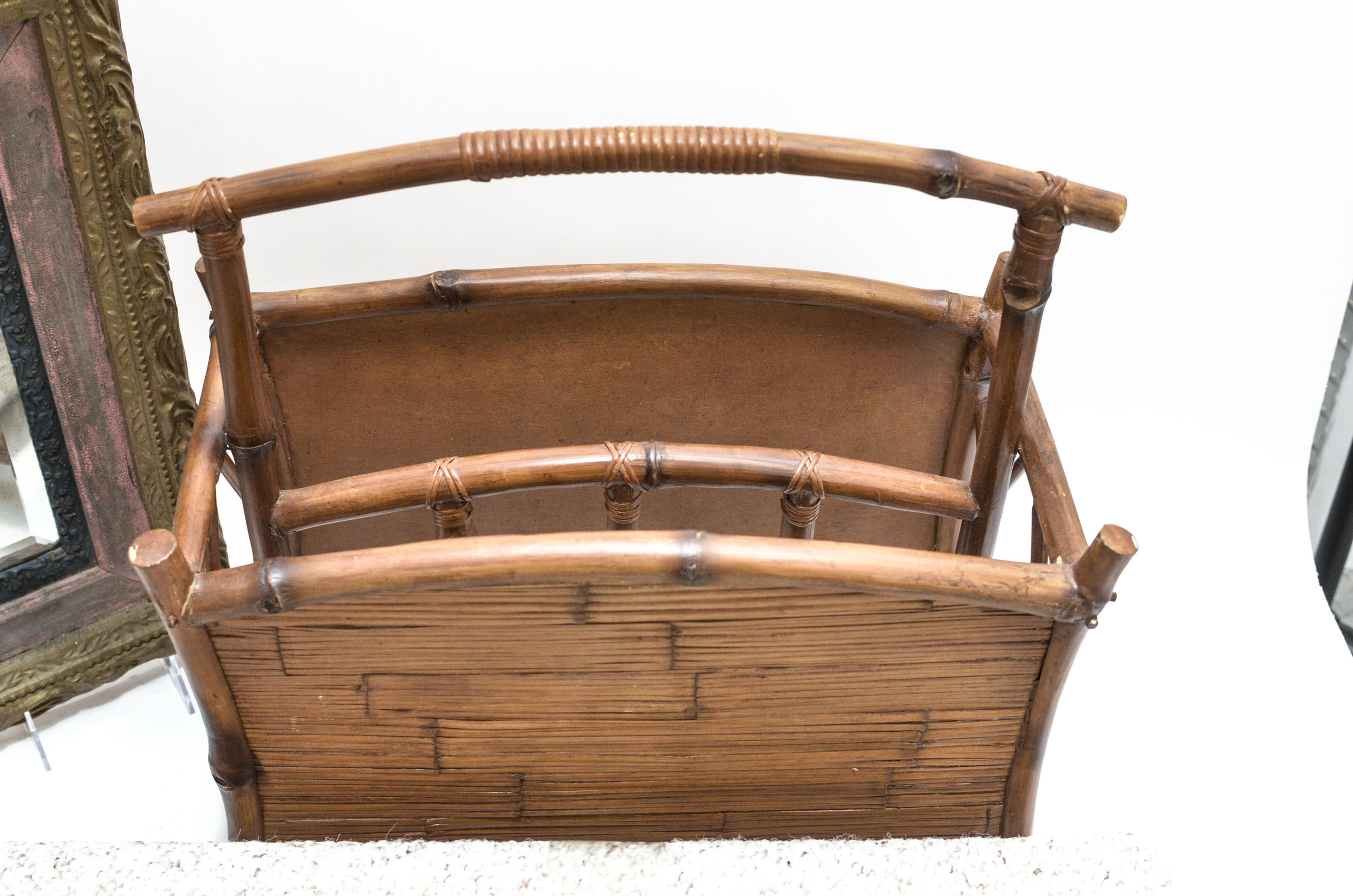 Cane Magazine Rack, Vintage Beveled Mirror and Area Rug