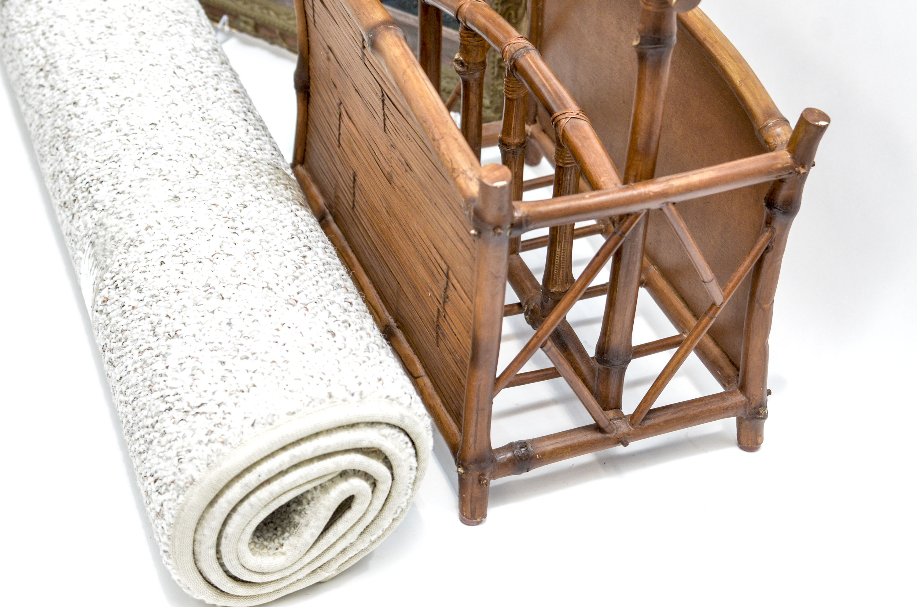 Cane Magazine Rack, Vintage Beveled Mirror and Area Rug