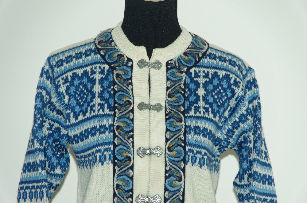 Intricate Hand Knit Blue Wool Sweater from Nordstrikk's of Norway