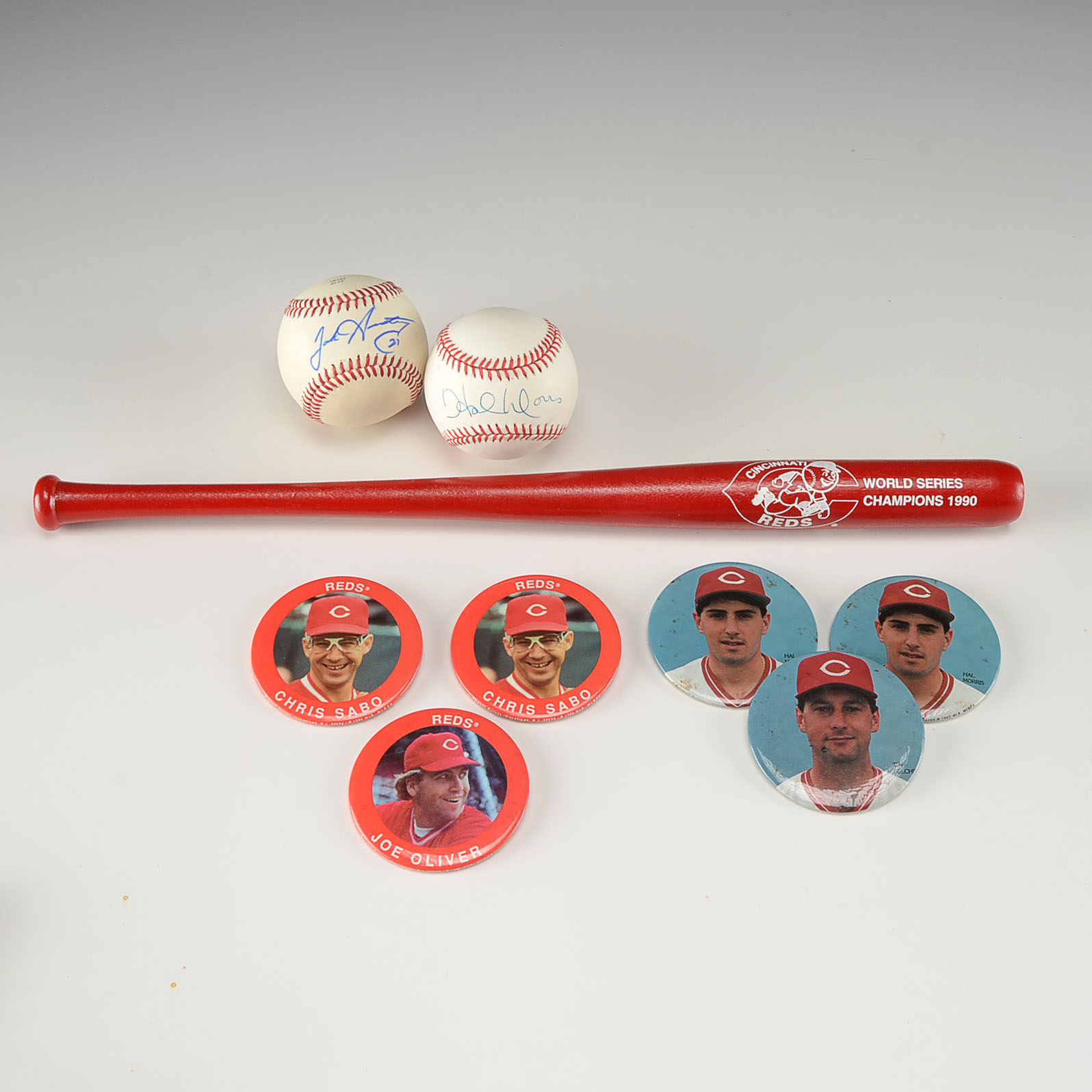 Morris, Armstrong Signed Baseballs, Photo Pins And '90 Mini Bat