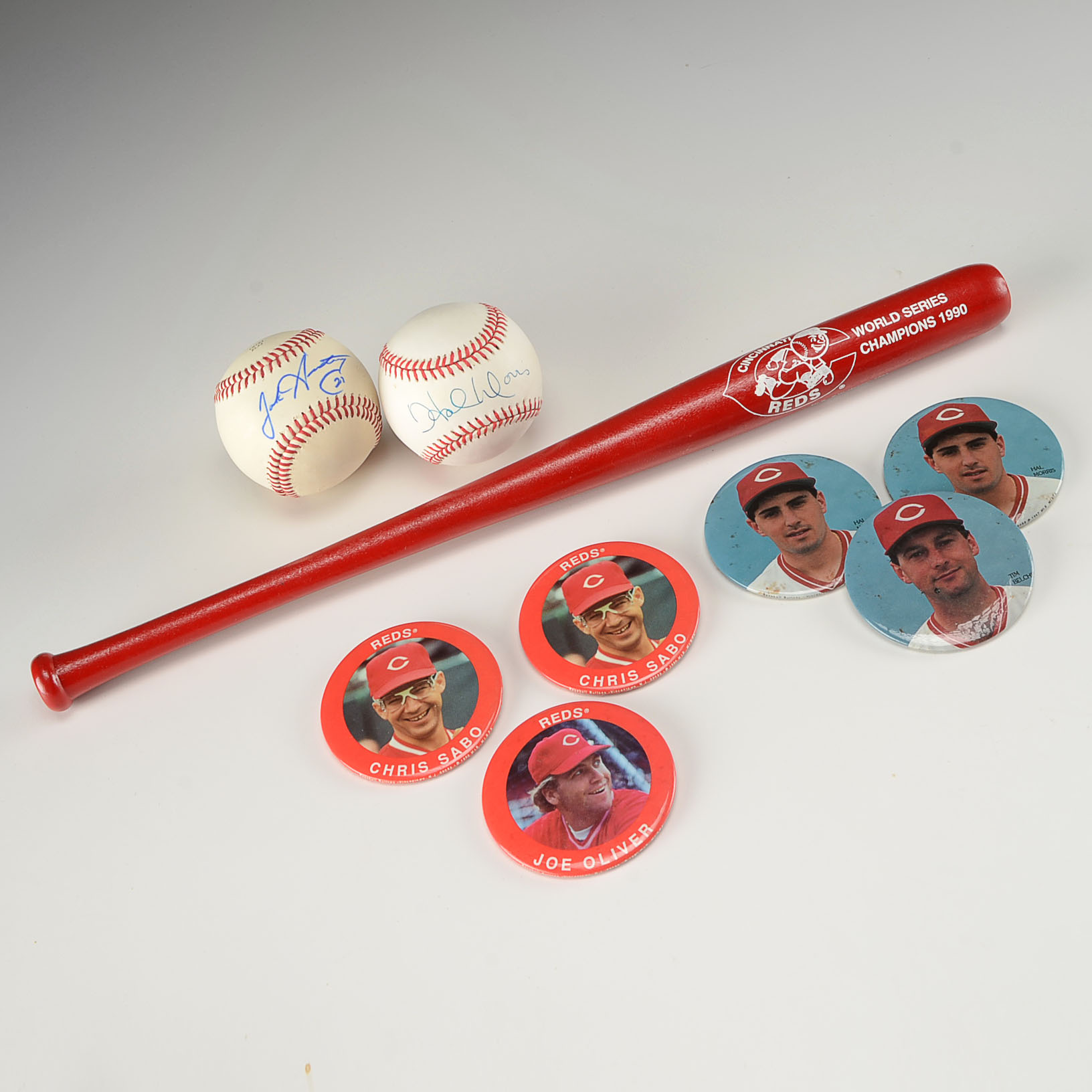 Morris, Armstrong Signed Baseballs, Photo Pins And '90 Mini Bat