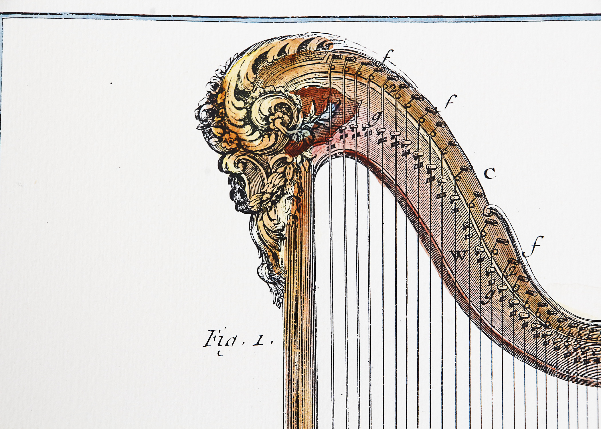 Colored Book Plate Reprint "Details of a Standing Harp"