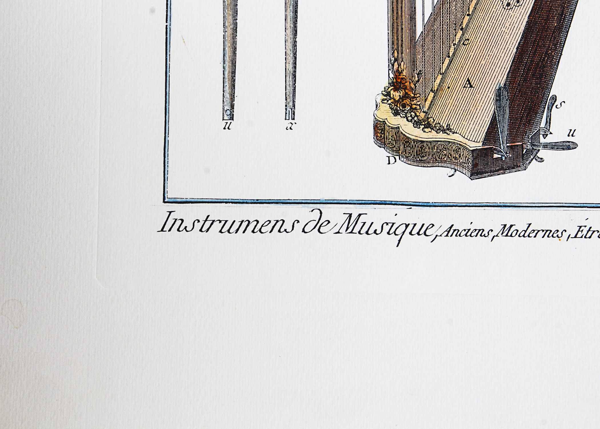 Colored Book Plate Reprint "Details of a Standing Harp"