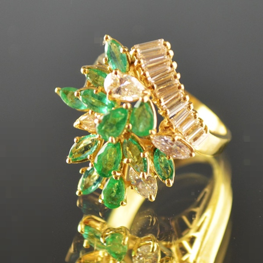 18K Yellow Gold Diamond and Emerald Dinner Ring