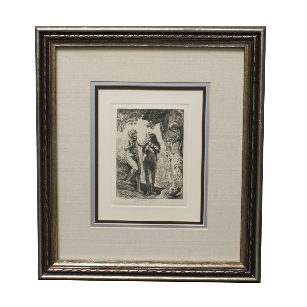 Rembrandt Restrike Etching "Adam and Eve"