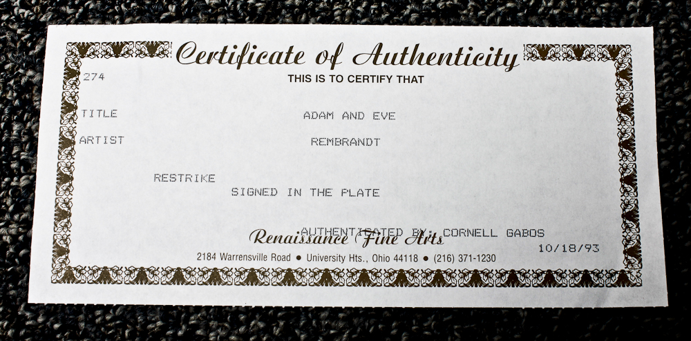 Rembrandt Restrike Etching "Adam and Eve"