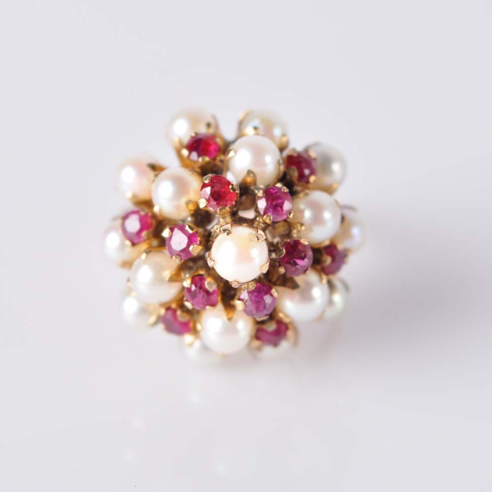 14K Gold Pearl and Ruby Cocktail Ring