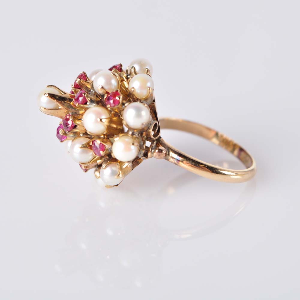 14K Gold Pearl and Ruby Cocktail Ring