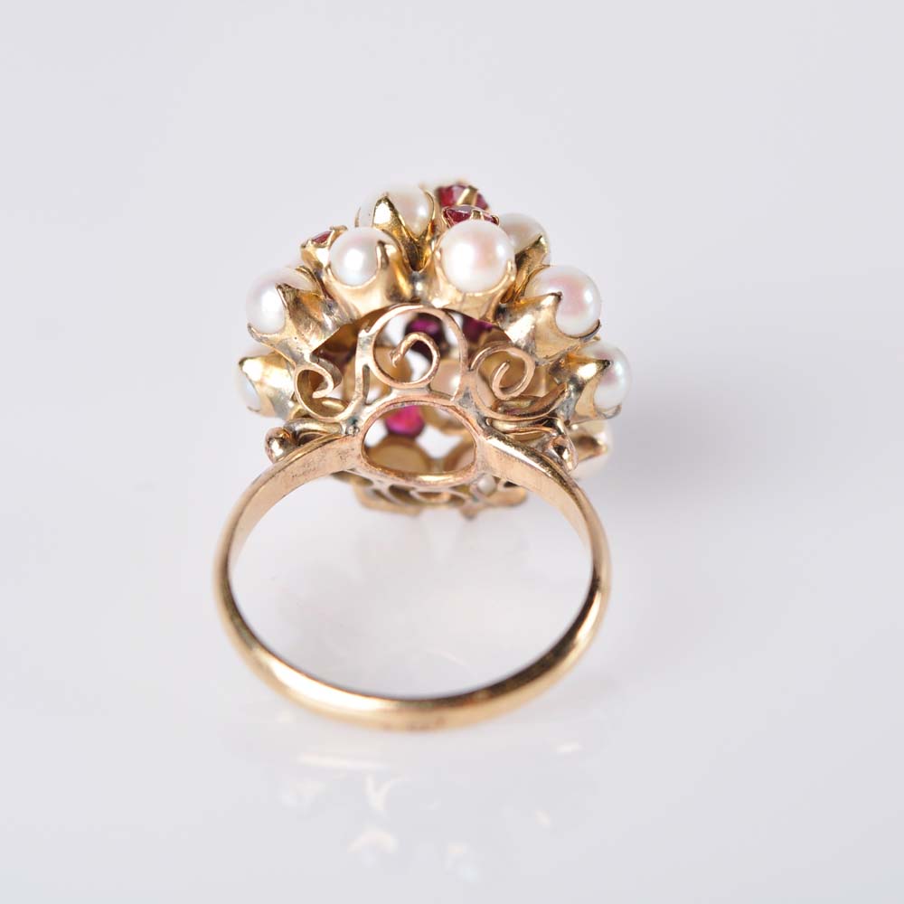 14K Gold Pearl and Ruby Cocktail Ring