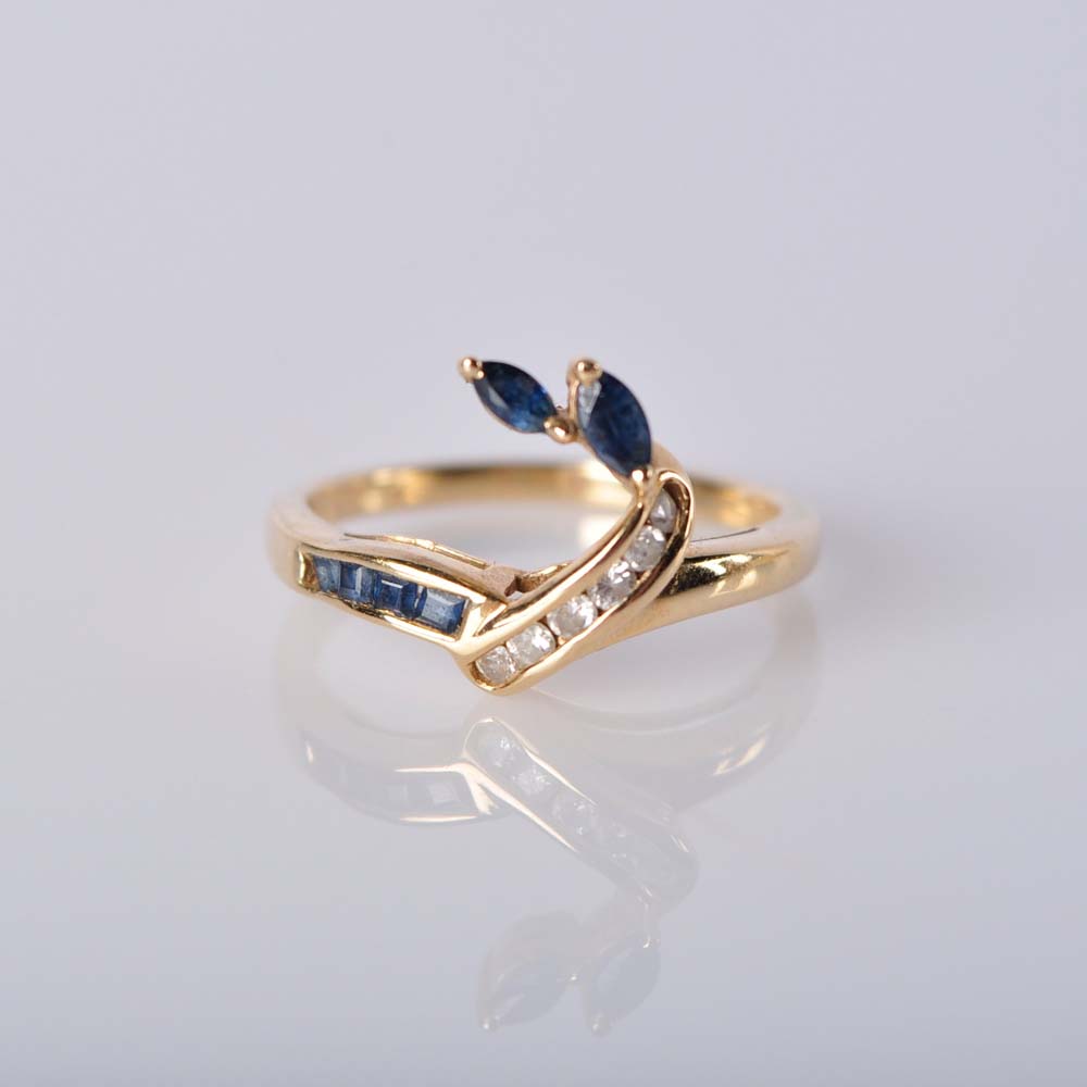 14K Gold Blue Sapphire and Diamond Ring