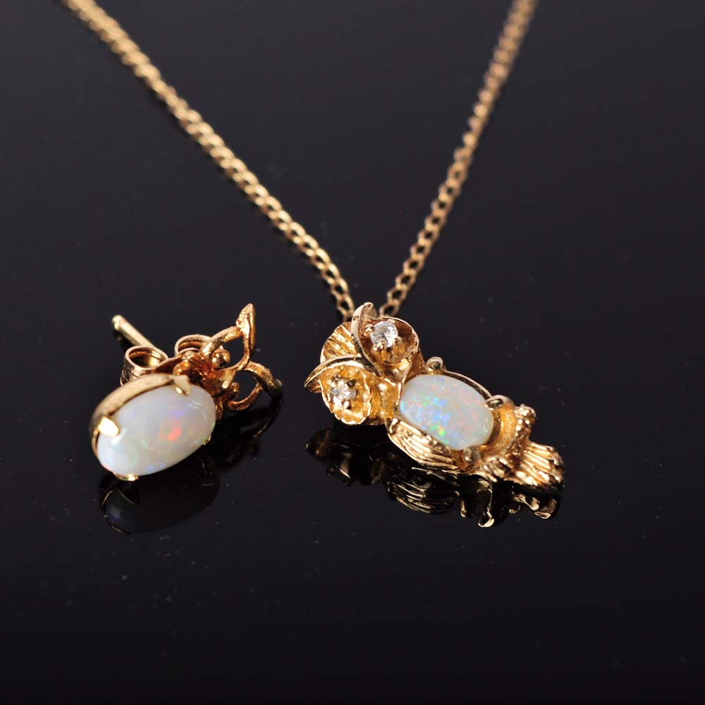 14 Kt Gold Opal and Diamond Owl Pendant and Opal Owl Earring