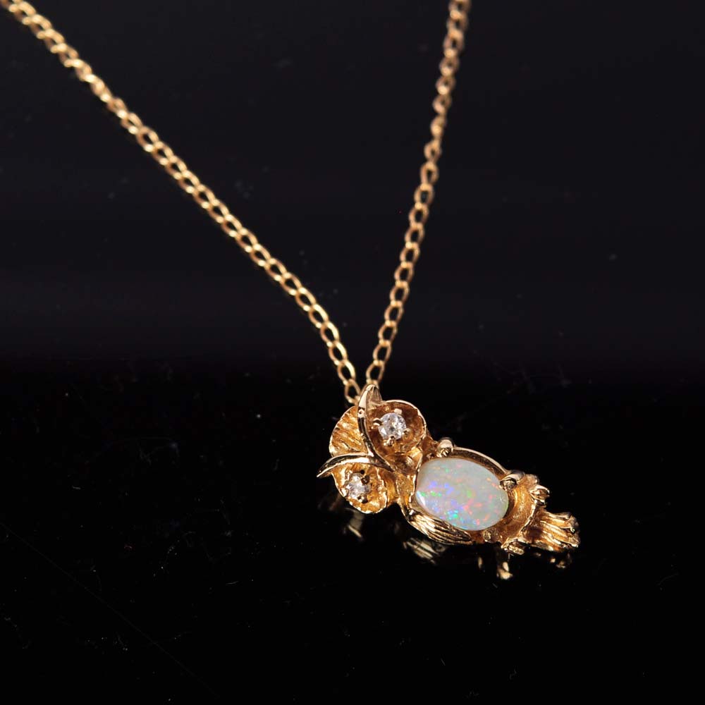 14 Kt Gold Opal and Diamond Owl Pendant and Opal Owl Earring