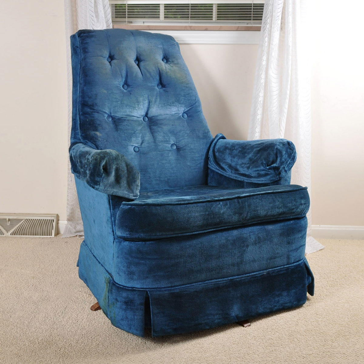 Vintage Blue Velveteen Tufted Back Swivel Chair