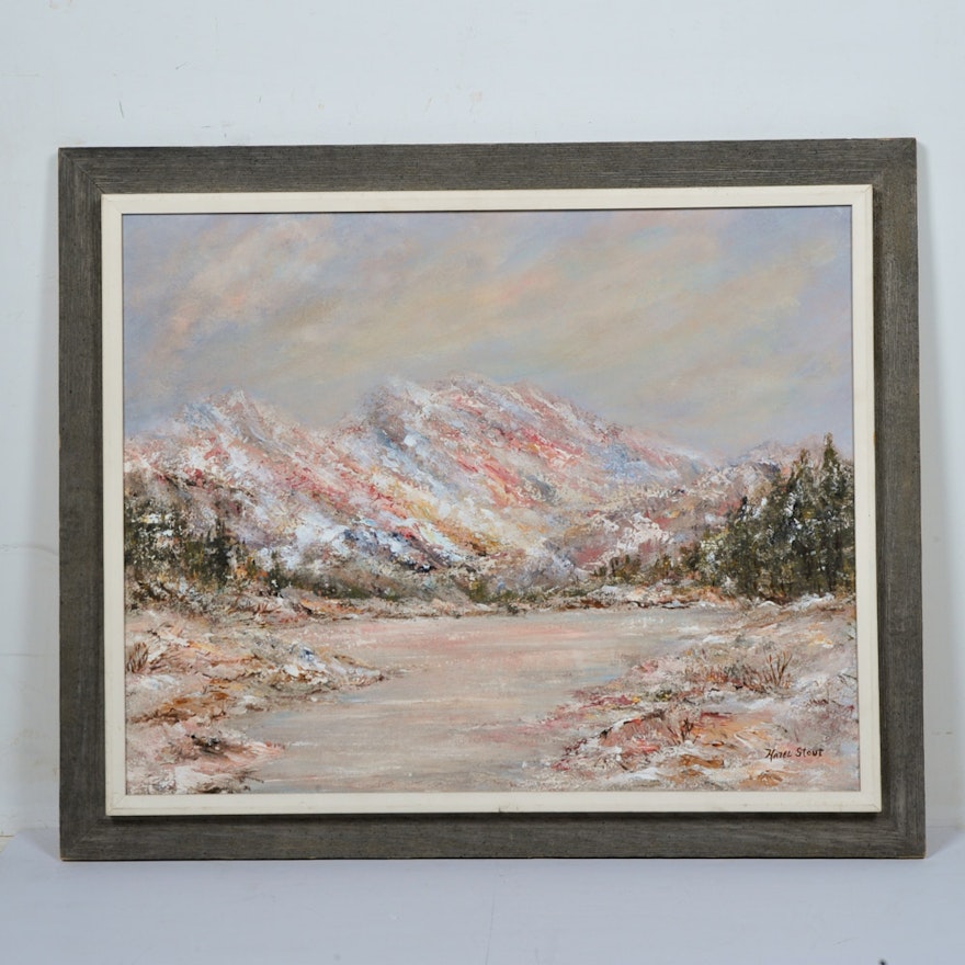 Signed Hazel Stout Oil Painting on Canvas Titled "Snow Cape"