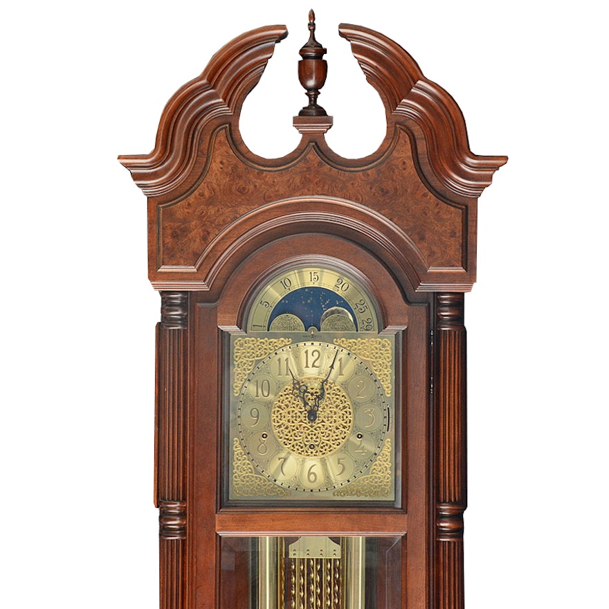 1988 Howard Miller Burl Wood Grandfather Clock with Moon Dial