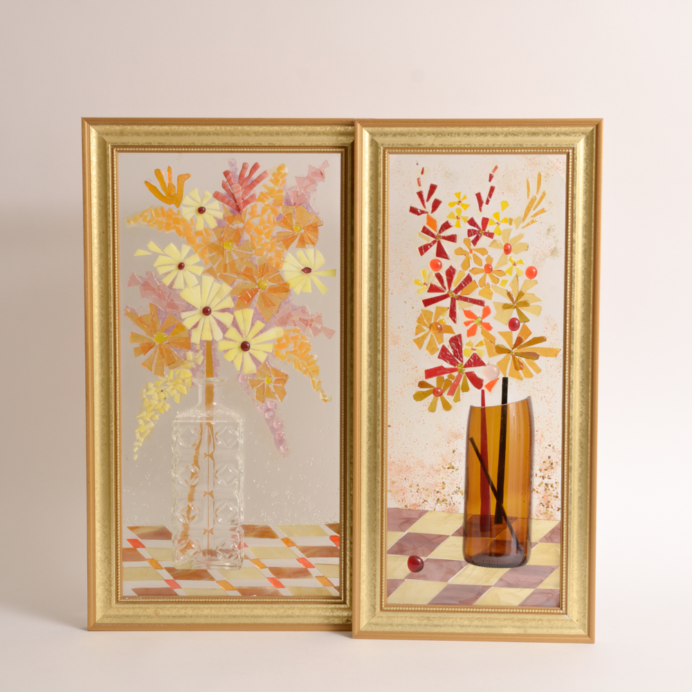 Pair of Modern Stained Glass Collage Art