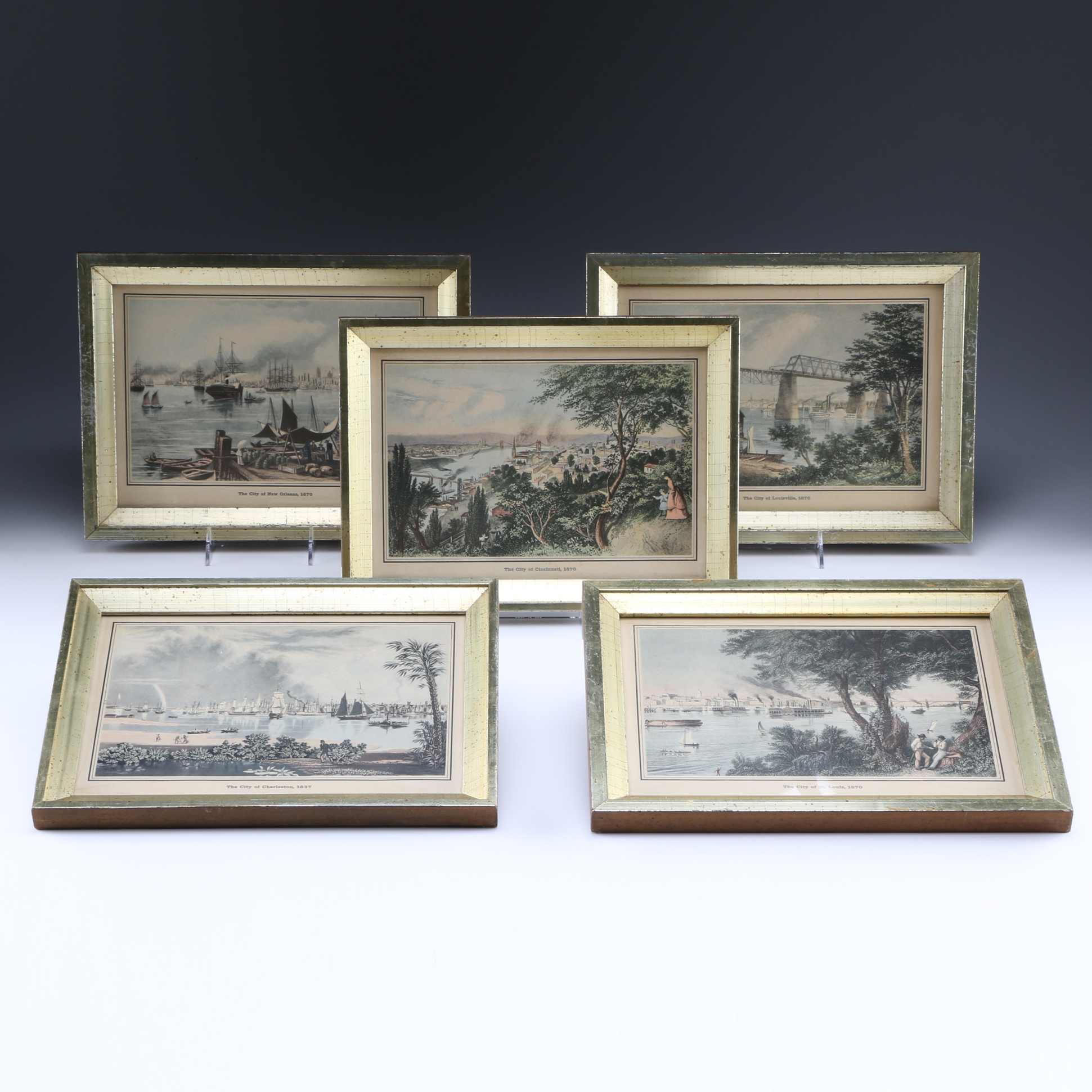 Five Framed Vintage Offset Lithographic Prints of U.S. Cities