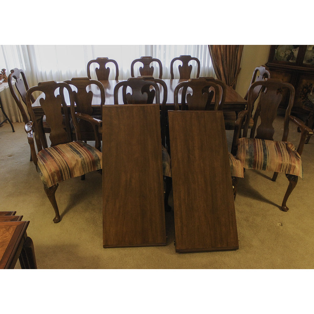 Davis Cabinet Co. Walnut Queen Anne Dining Table and Twelve Chairs