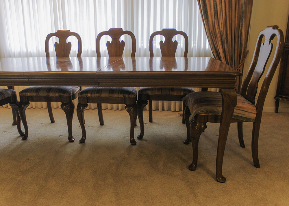 Davis Cabinet Co. Walnut Queen Anne Dining Table and Twelve Chairs