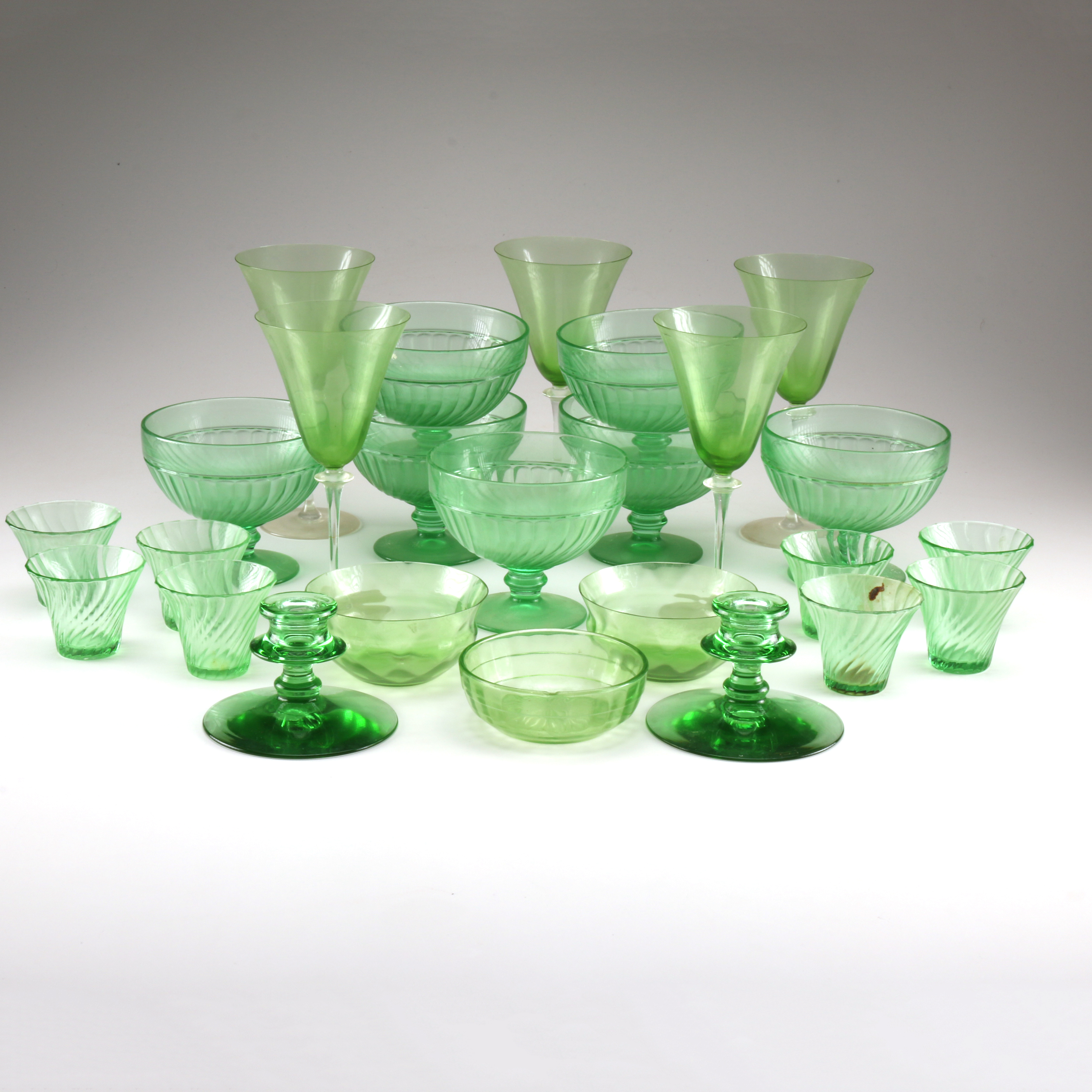 Optic Twist Green Depression Glass with Other Elegant Green Glassware