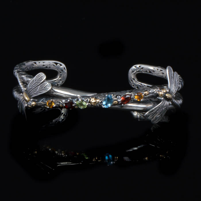Robert Manse Sterling Silver 18K Gold Multi Gemstone Butterfly Cuff Bracelet