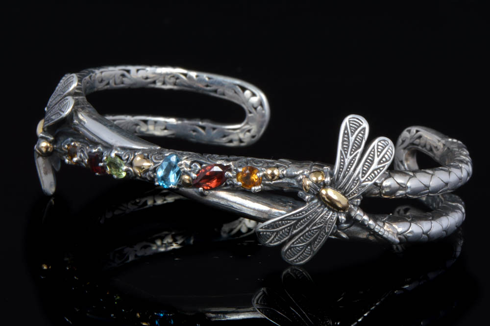 Robert Manse Sterling Silver 18K Gold Multi Gemstone Butterfly Cuff Bracelet