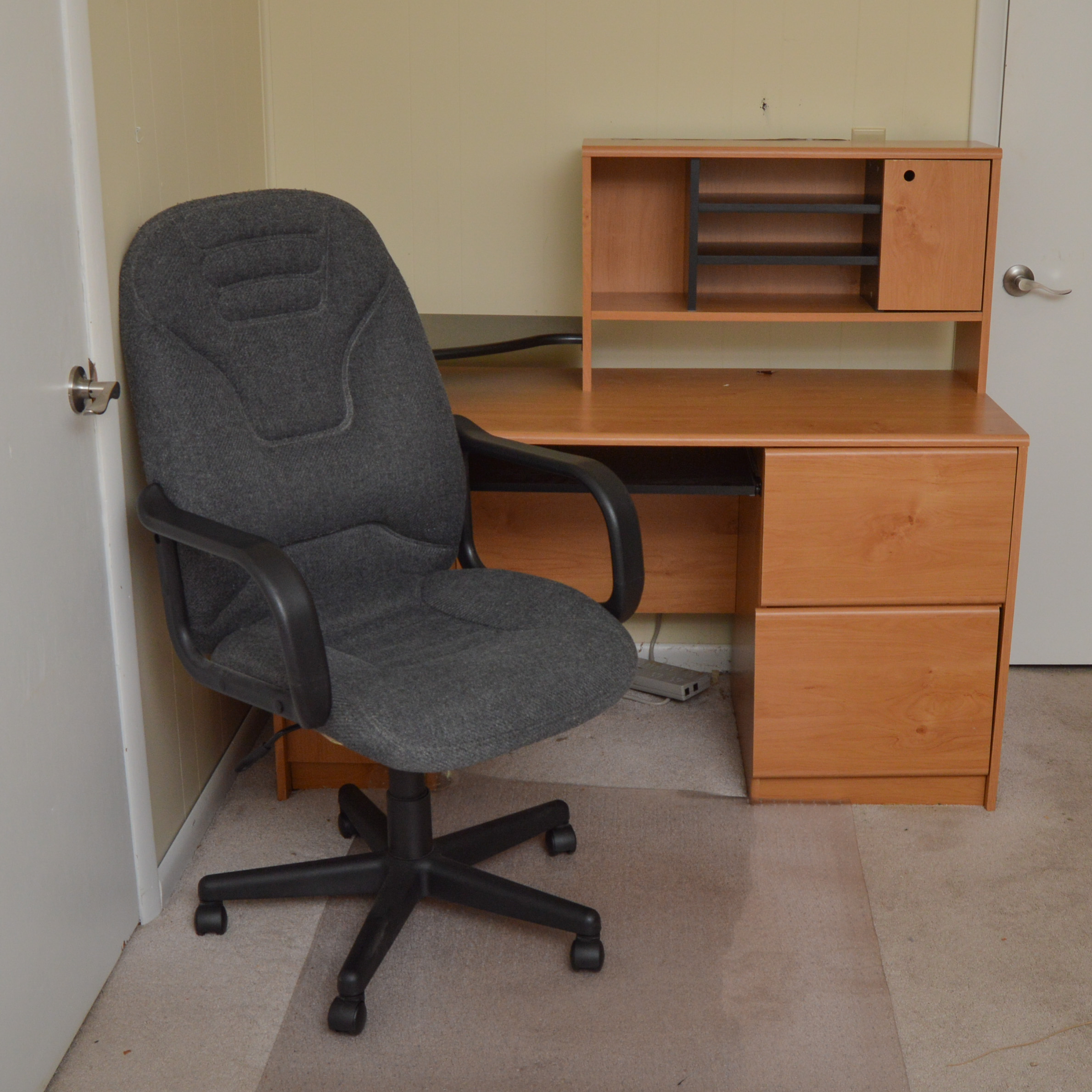 Modern Wooden Office Desk and Upholstered Rolling Chair