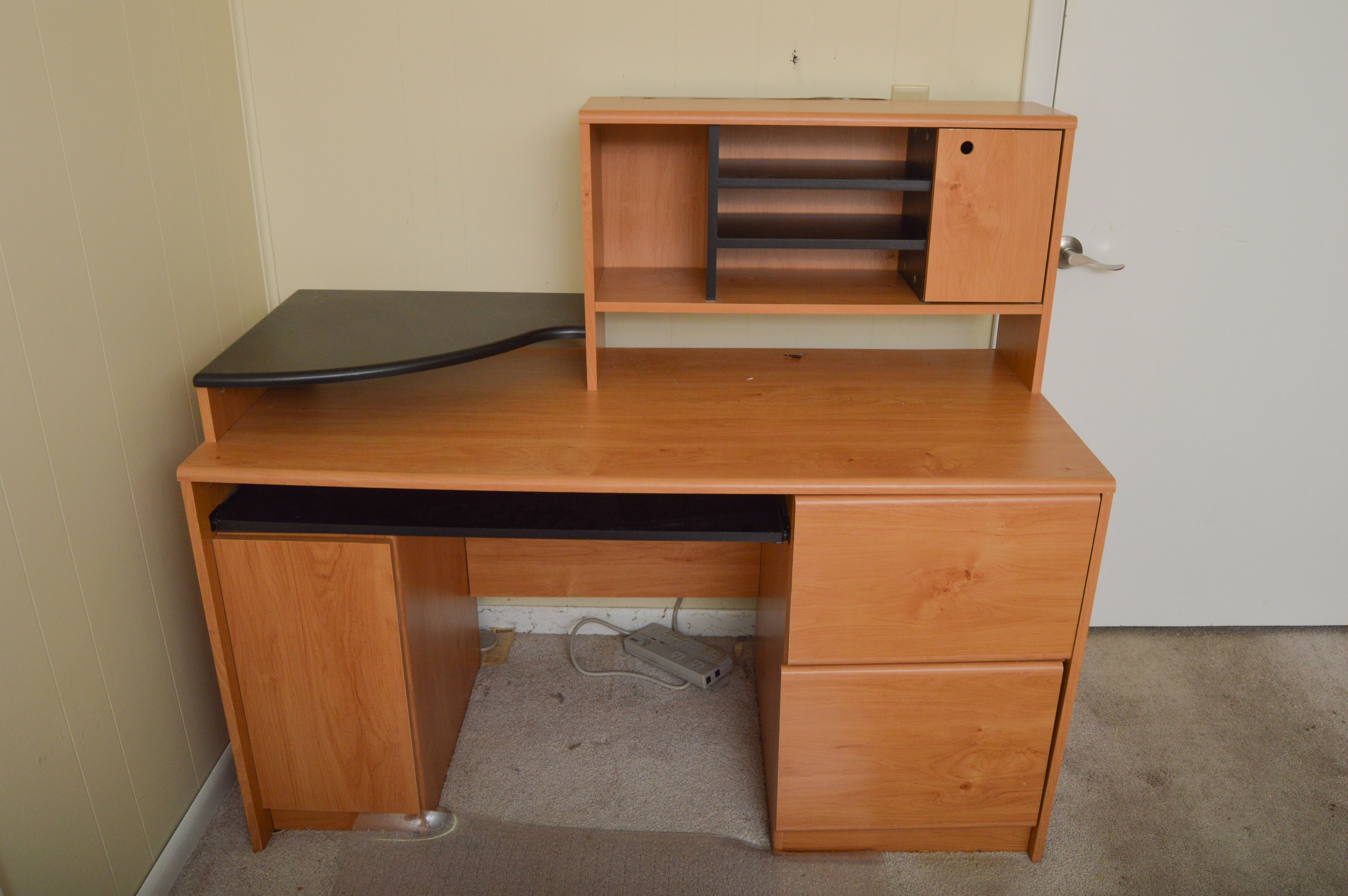 Modern Wooden Office Desk and Upholstered Rolling Chair