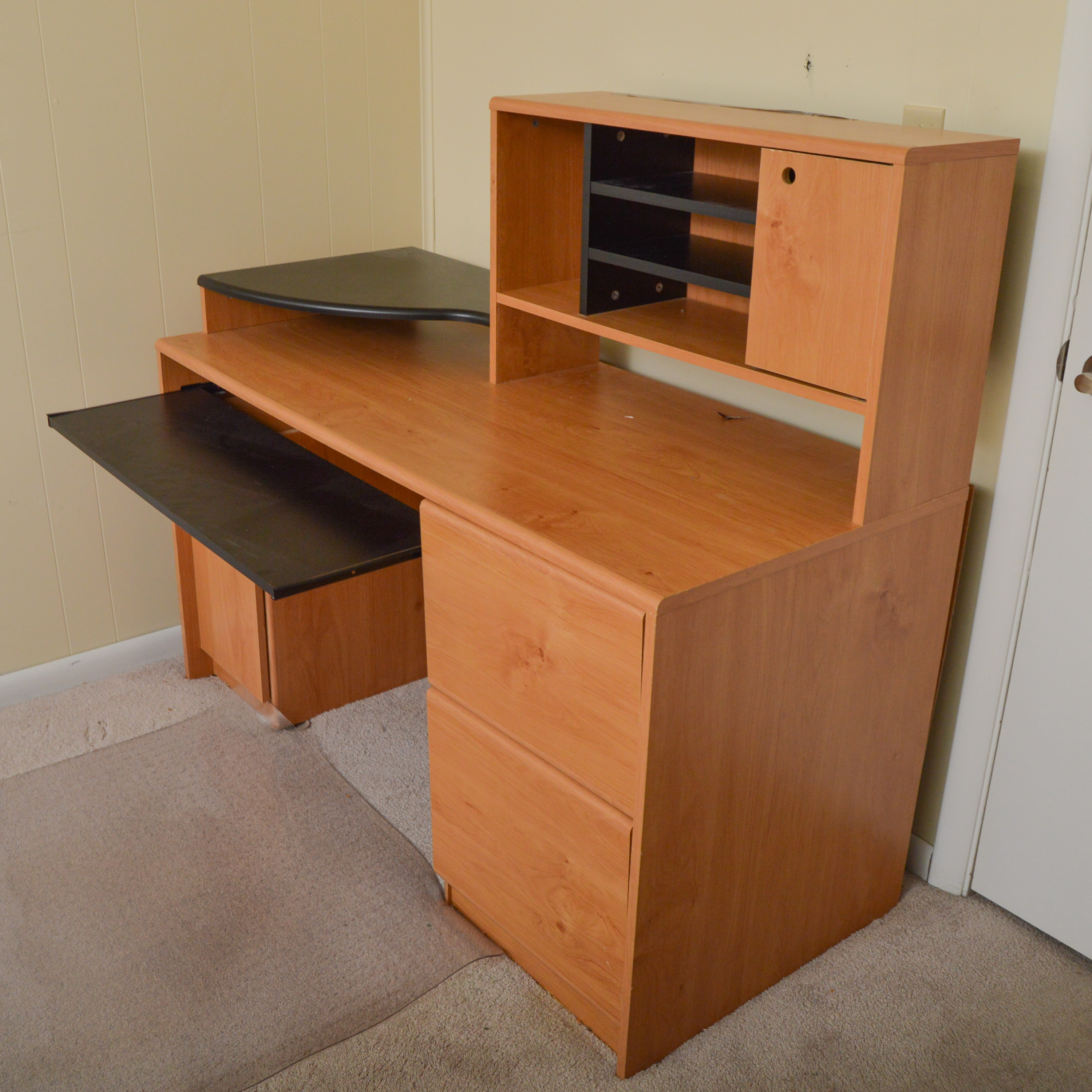 Modern Wooden Office Desk and Upholstered Rolling Chair