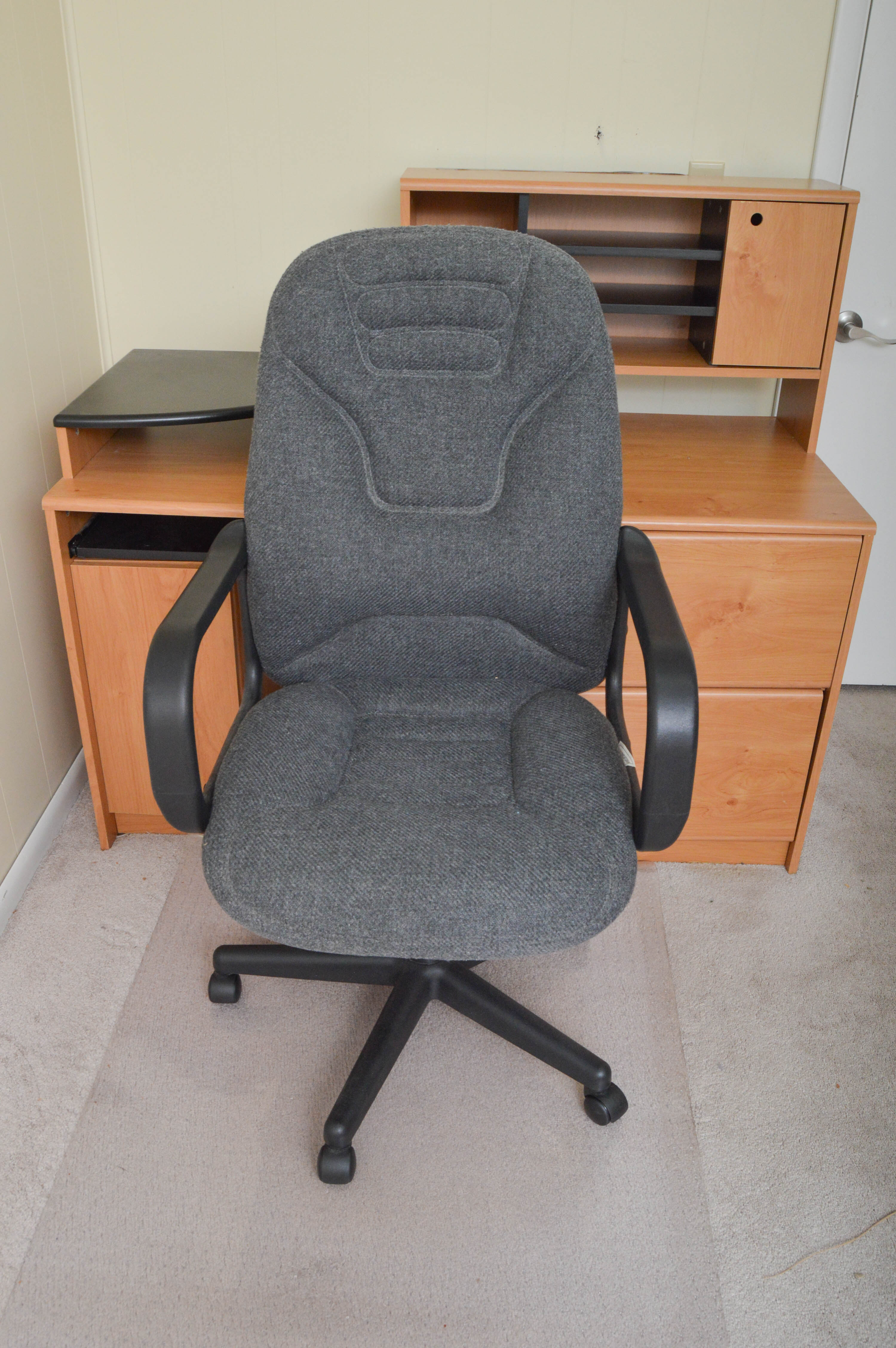Modern Wooden Office Desk and Upholstered Rolling Chair
