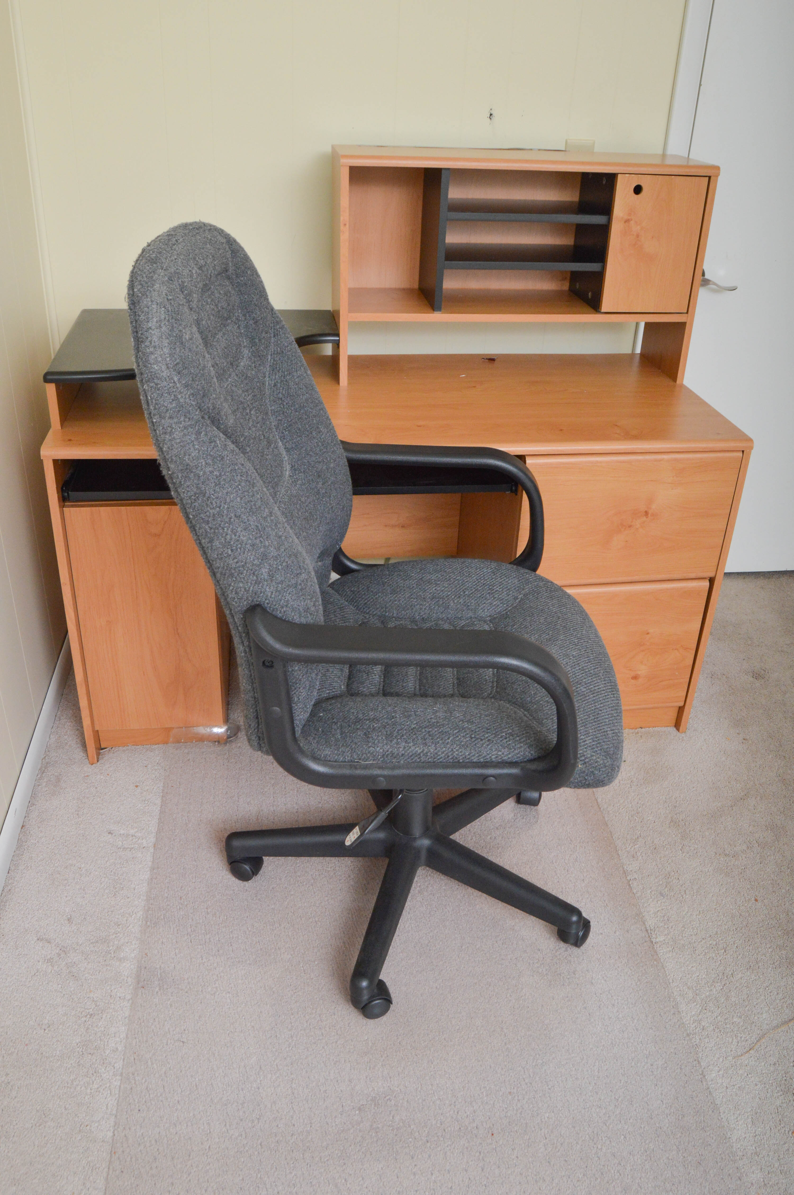 Modern Wooden Office Desk and Upholstered Rolling Chair