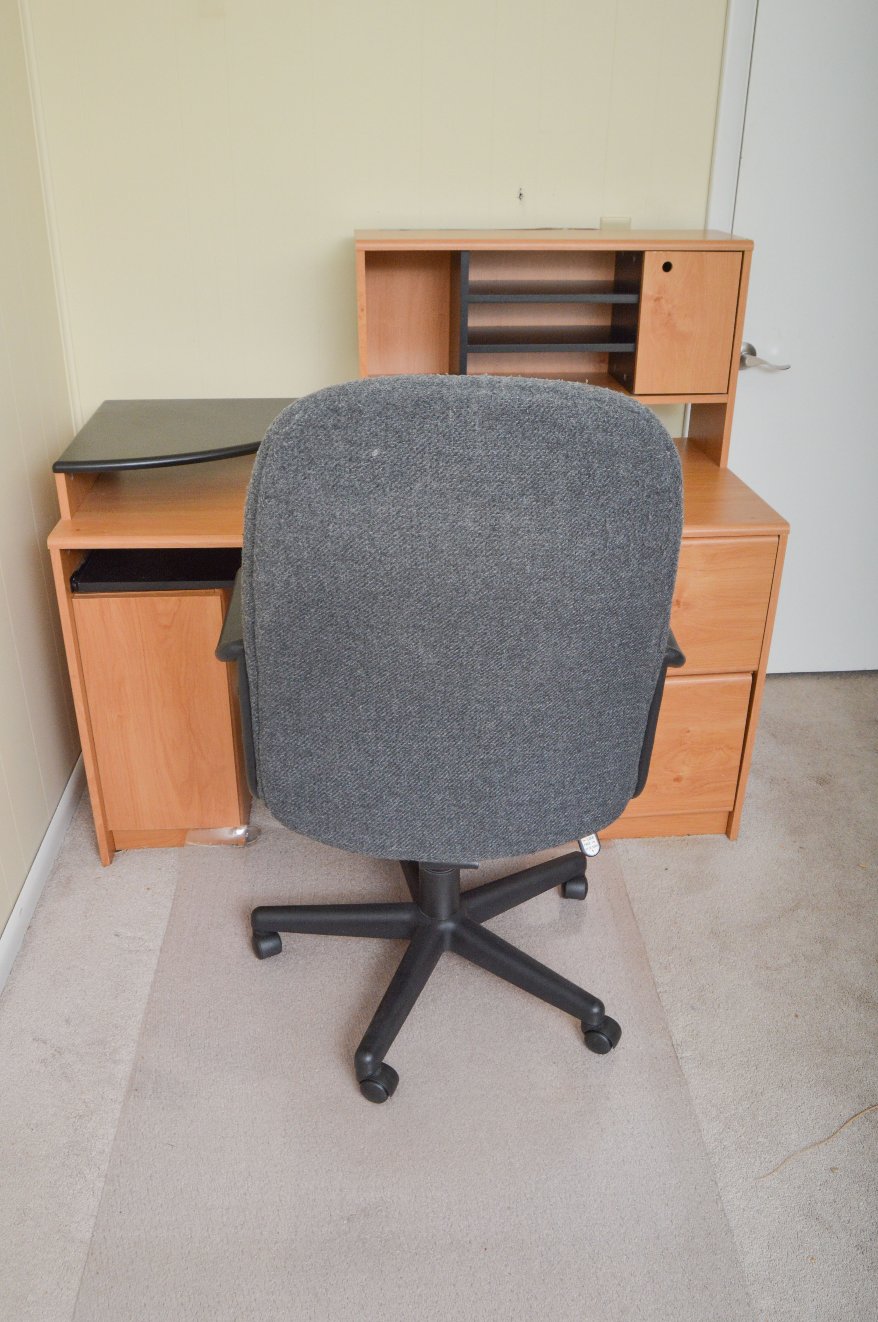 Modern Wooden Office Desk and Upholstered Rolling Chair