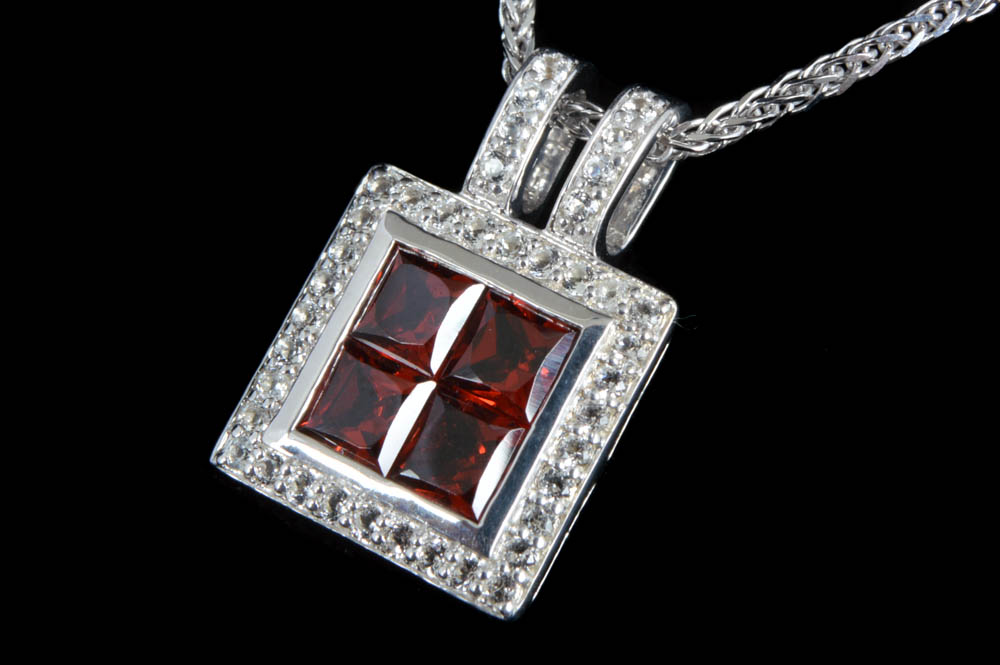 Robert Manse Sterling Silver Garnet and White Topaz Pendant with Chain