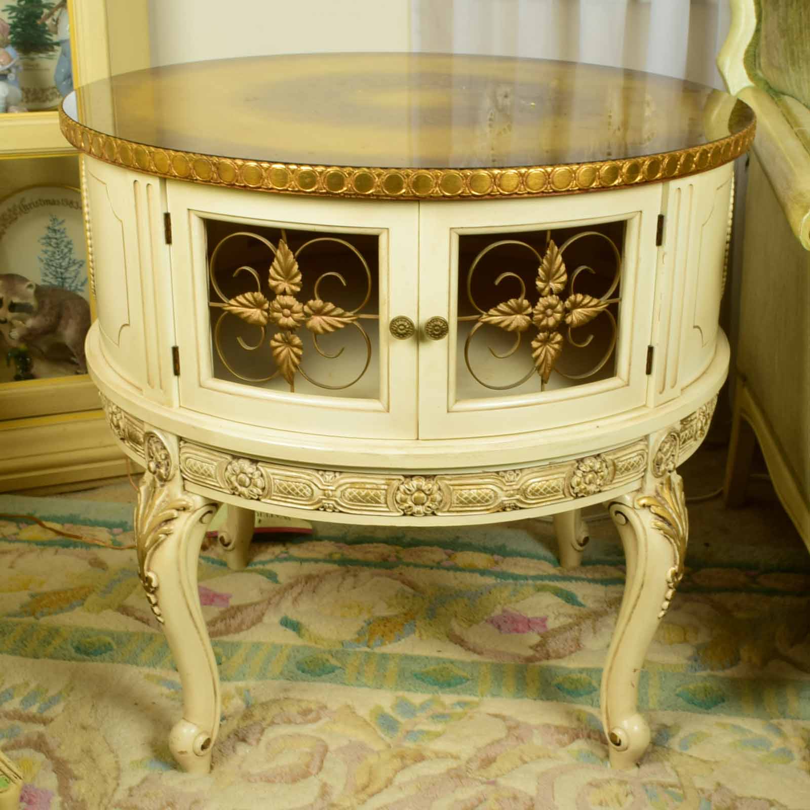 Vintage French Provincial Drum Table with Painted Glass Top
