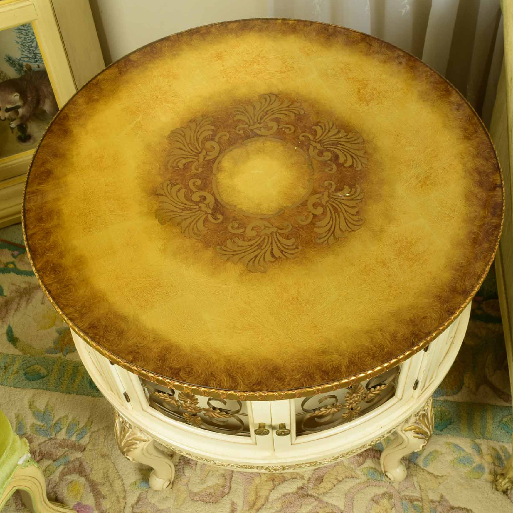 Vintage French Provincial Drum Table with Painted Glass Top