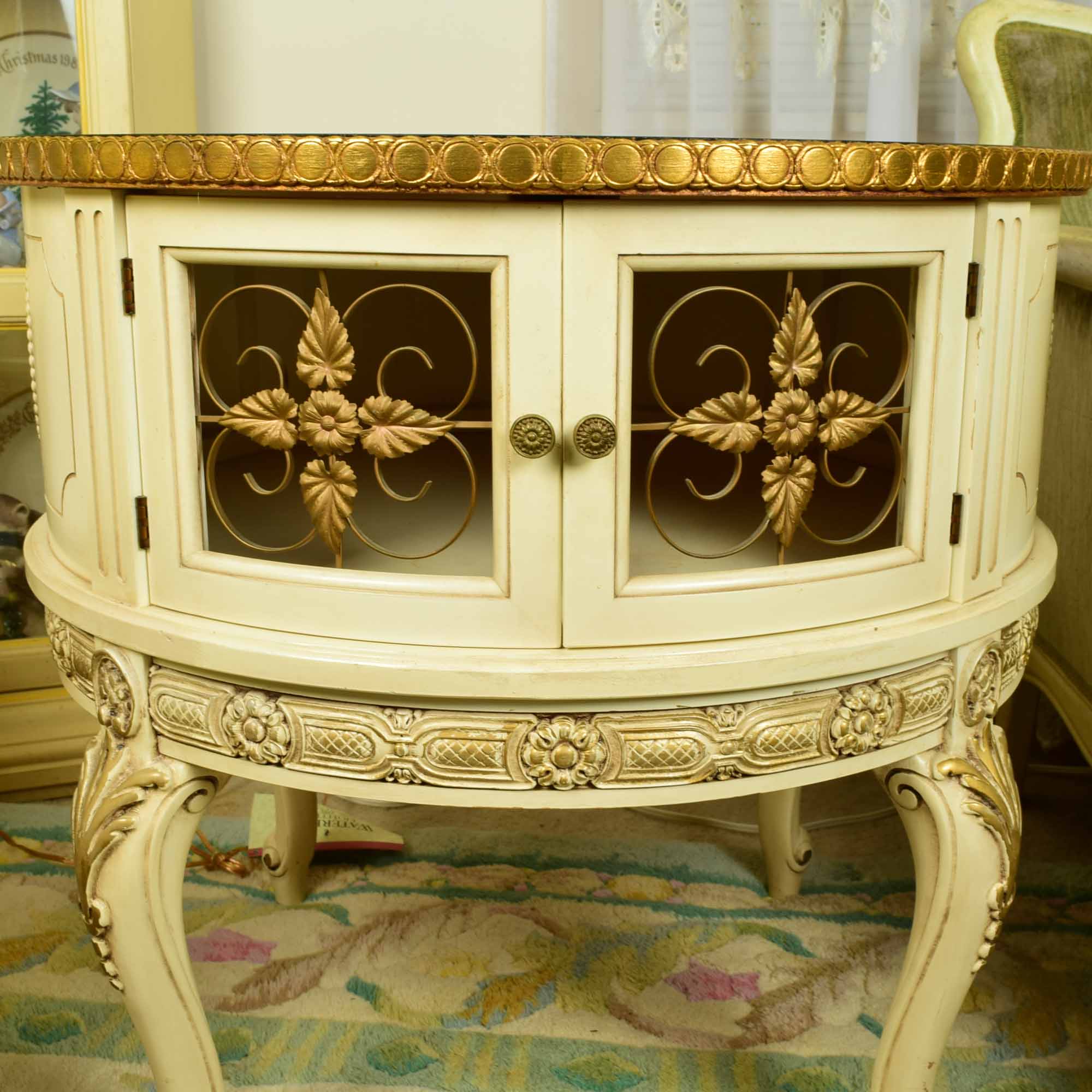 Vintage French Provincial Drum Table with Painted Glass Top