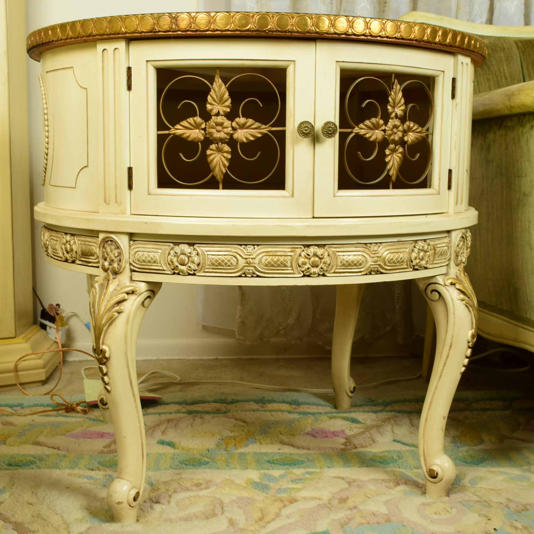 Vintage French Provincial Drum Table with Painted Glass Top