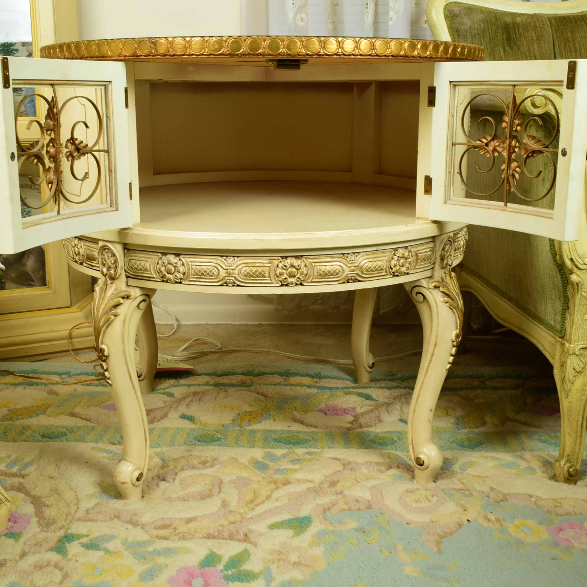 Vintage French Provincial Drum Table with Painted Glass Top