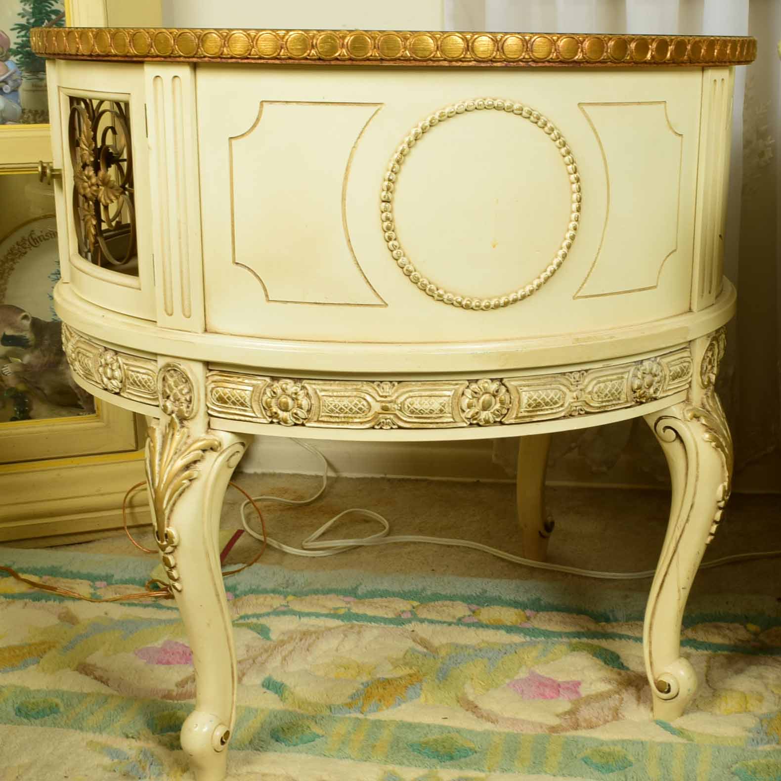Vintage French Provincial Drum Table with Painted Glass Top