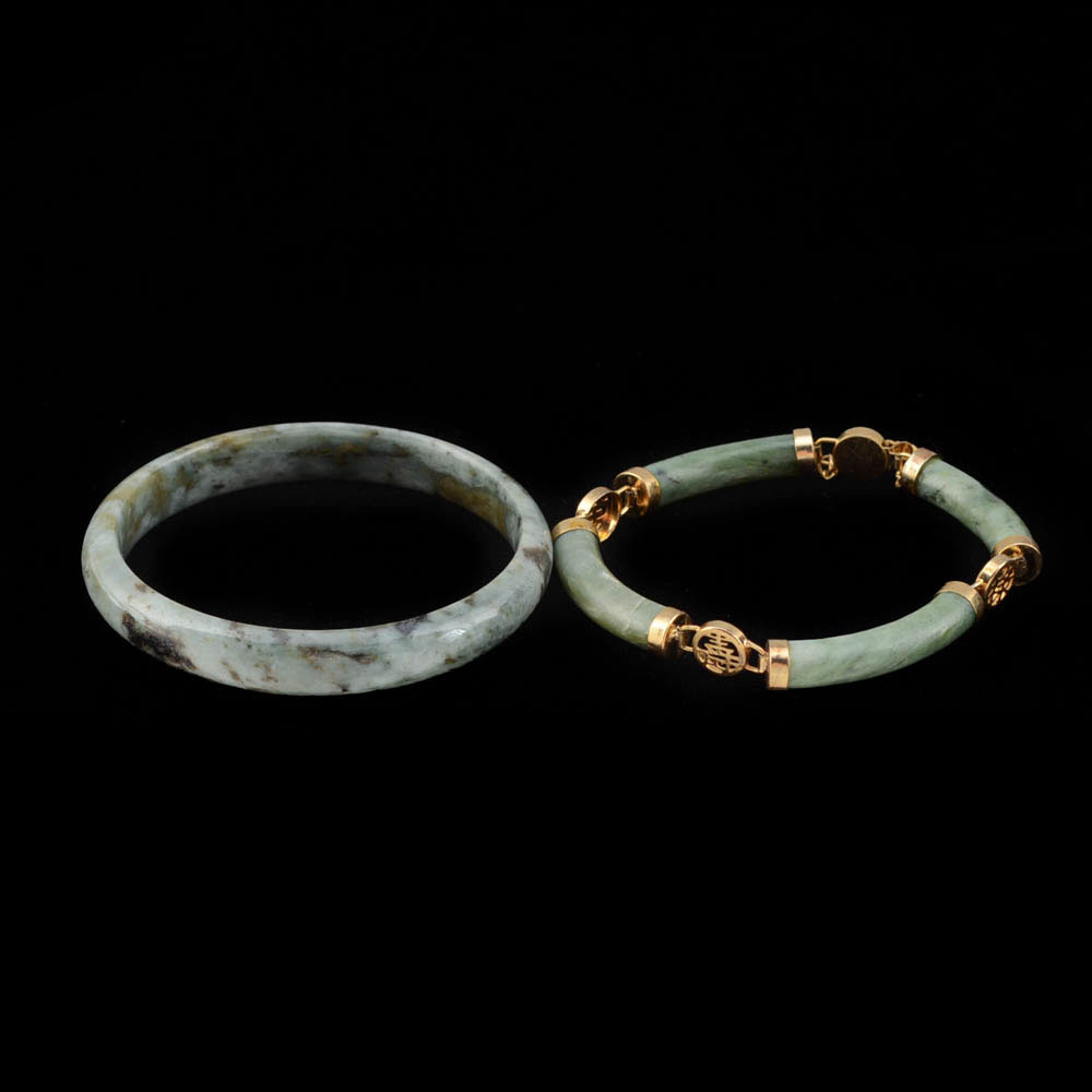 Polished Jadeite Bangle and Nephrite Bracelet with Chinese Characters