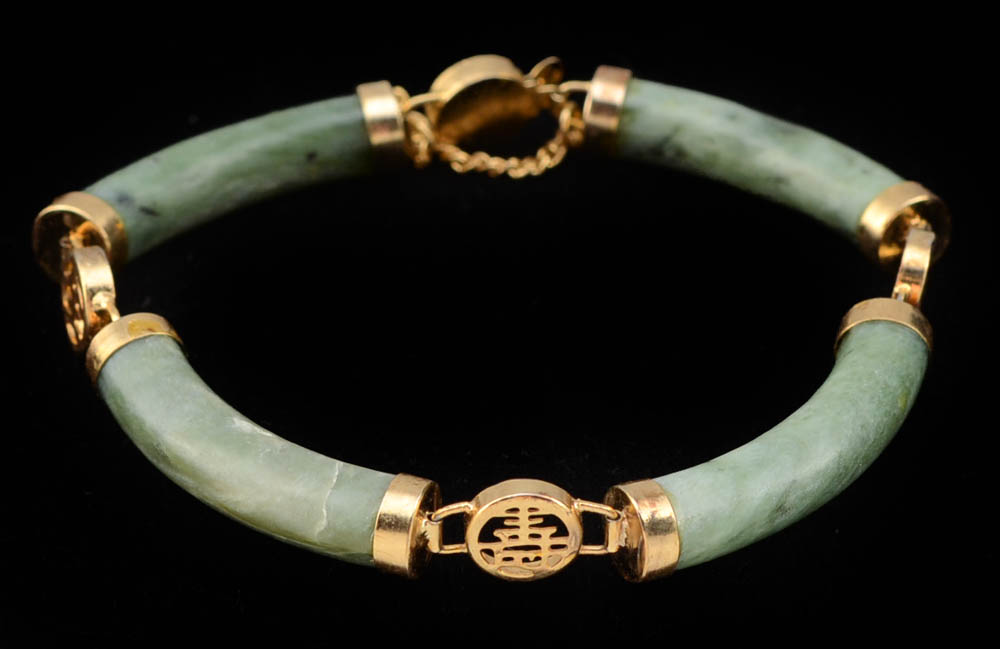 Polished Jadeite Bangle and Nephrite Bracelet with Chinese Characters