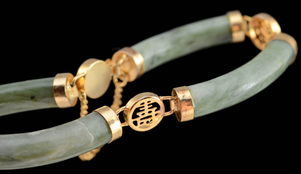 Polished Jadeite Bangle and Nephrite Bracelet with Chinese Characters
