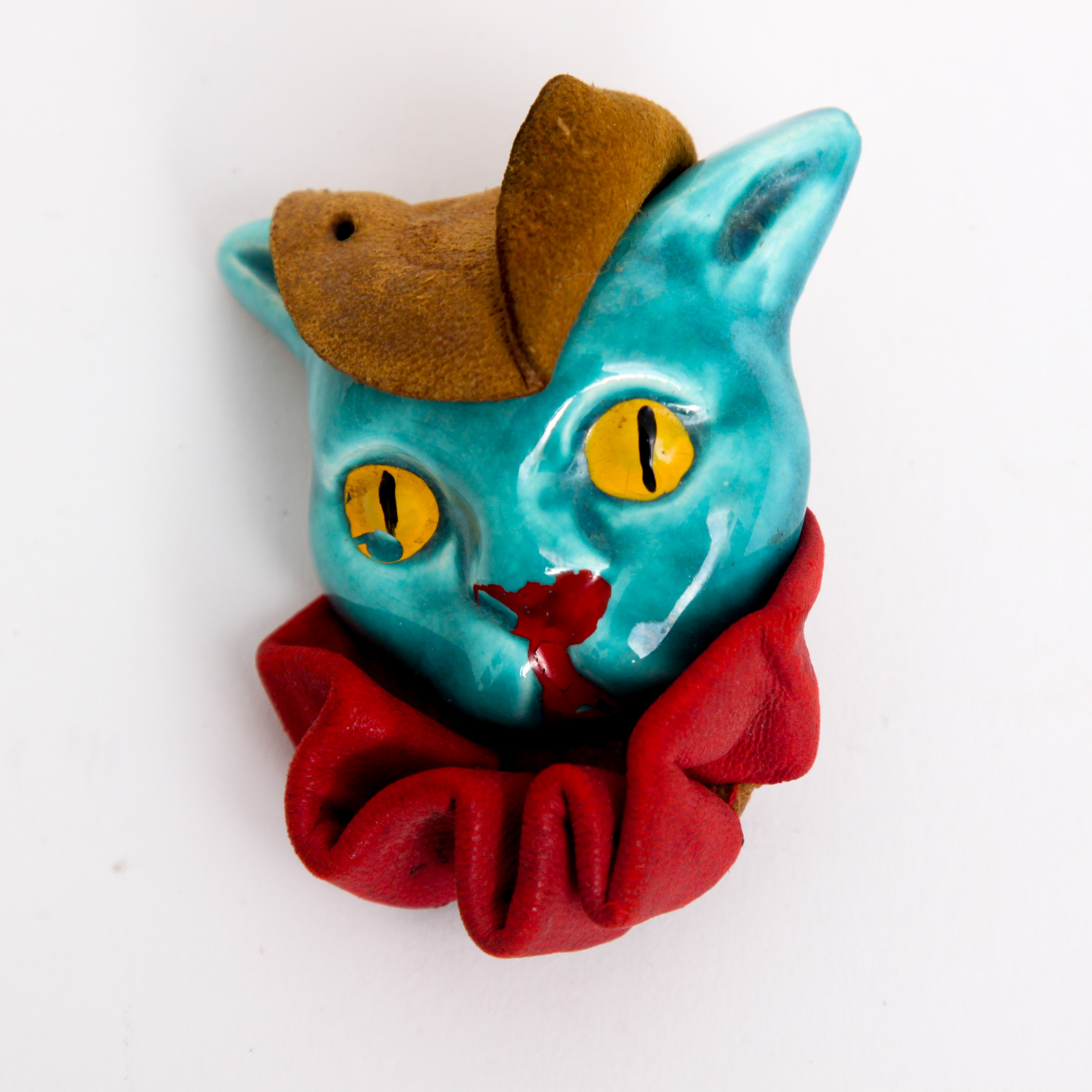 Vintage Elzac "Victim of Fashion" Ceramic and Leather Cat Brooch