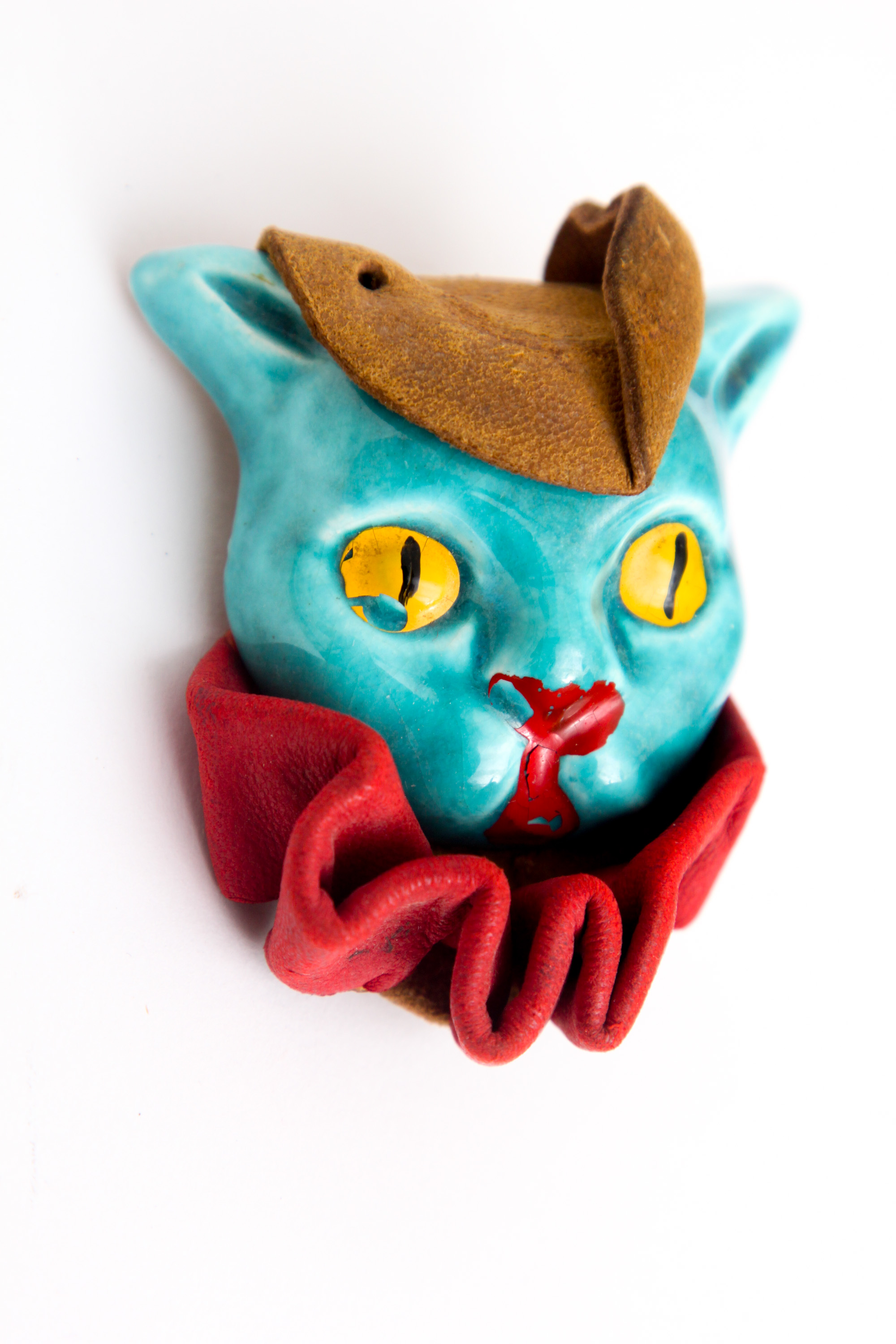 Vintage Elzac "Victim of Fashion" Ceramic and Leather Cat Brooch